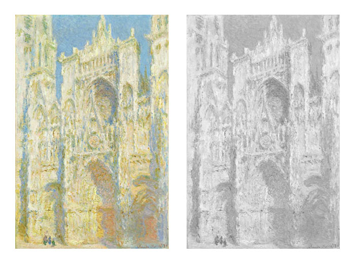 Monet's Rouen Cathedral in black-and-white and color