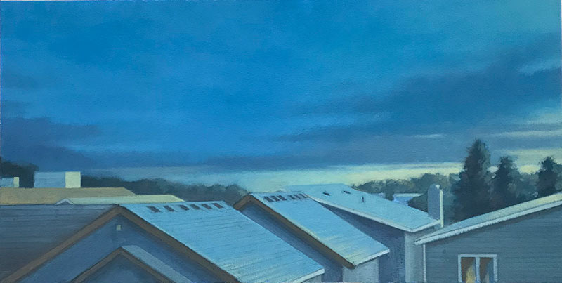 Sunset landscape painting of rooftops by painter Mitchell Albala